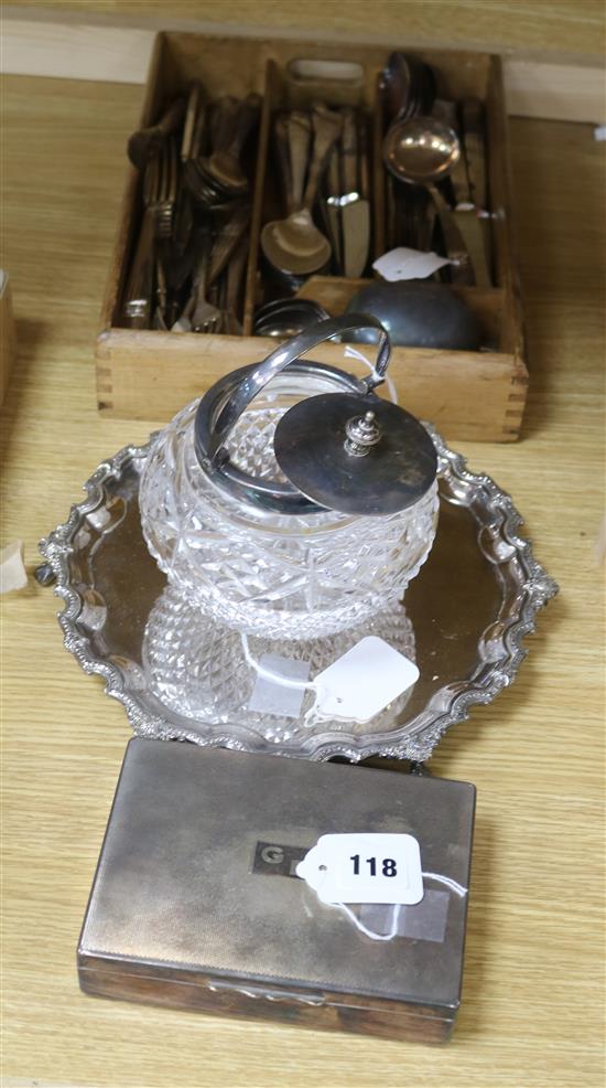 A plated salver and cigarette box, a plate-mounted glass biscuit barrel and a canteen of Elkington Westminster plated cutlery